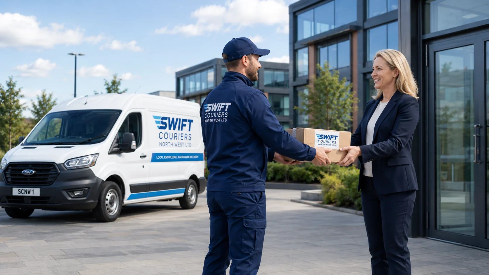 Swift Couriers driver delivering a parcel to a business customer