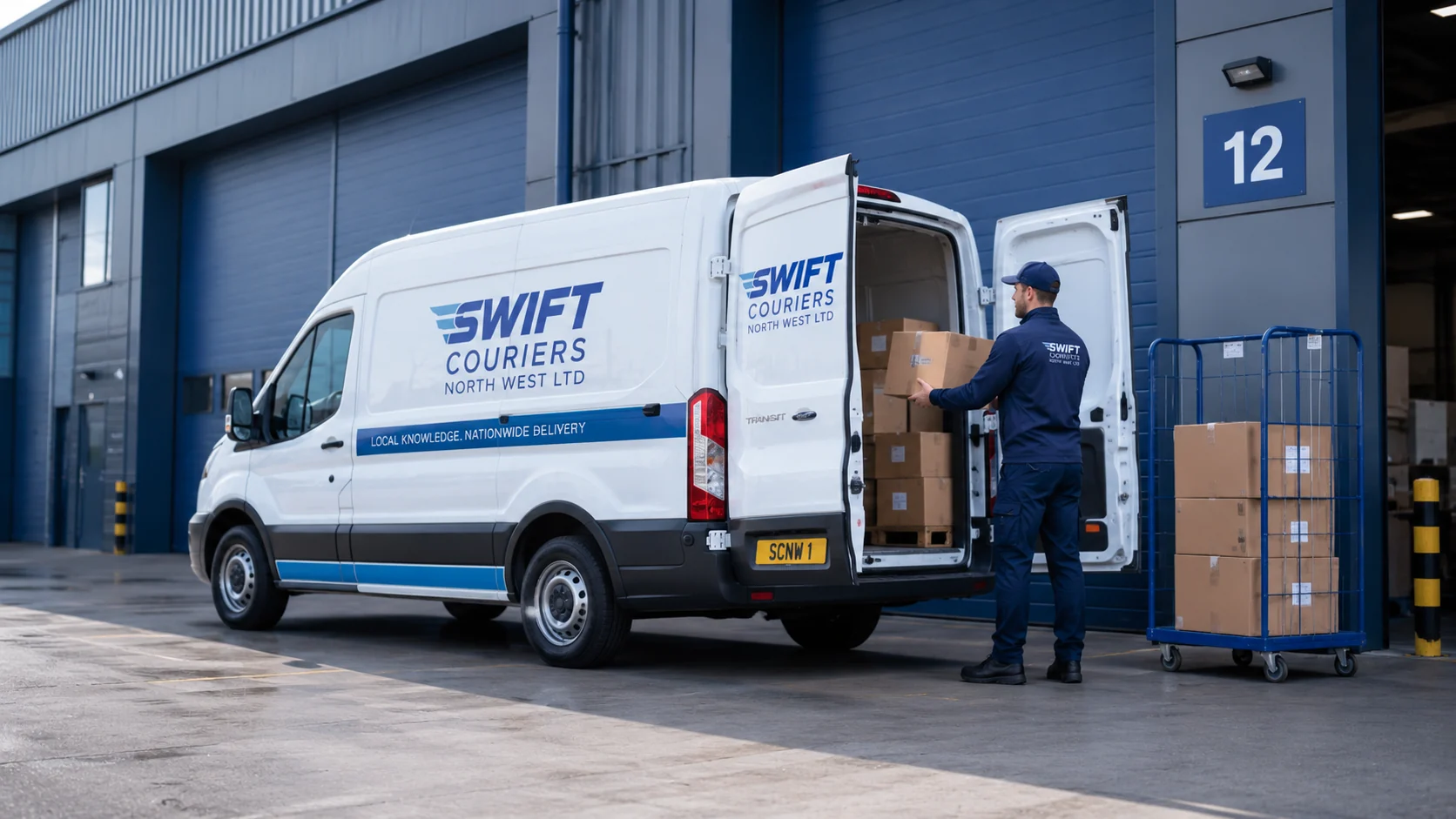 Swift Couriers van being loaded at a warehouse